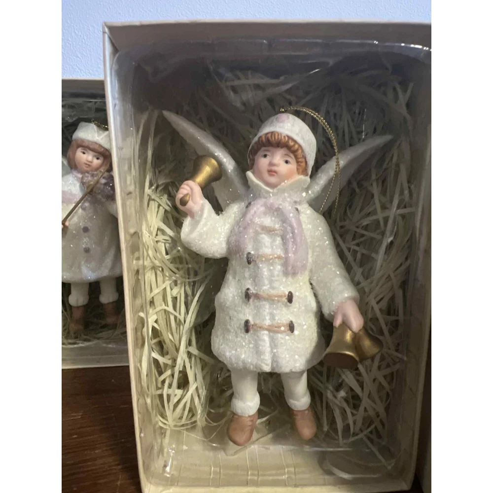 Vintage-Style Porcelain Angel Ornaments SET OF 7 W/ Boxes Costco Import Glitter